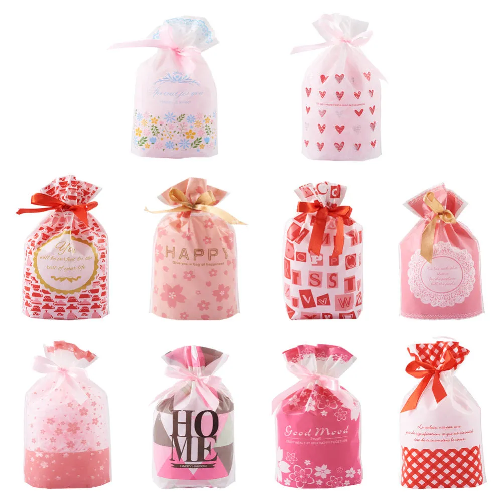 1 Set Magibeads 50Pcs 10 Style Plastic Baking Bags, Drawstring Bags, for Christmas Wedding Party Birthday Engagement Holiday Favor, Rectangle with Pattern, Mixed Patterns, 22.3x15.1cm, 5pcs/style