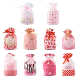 1 Set Magibeads 50Pcs 10 Style Plastic Baking Bags, Drawstring Bags, for Christmas Wedding Party Birthday Engagement Holiday Favor, Rectangle with Pattern, Mixed Patterns, 22.3x15.1cm, 5pcs/style