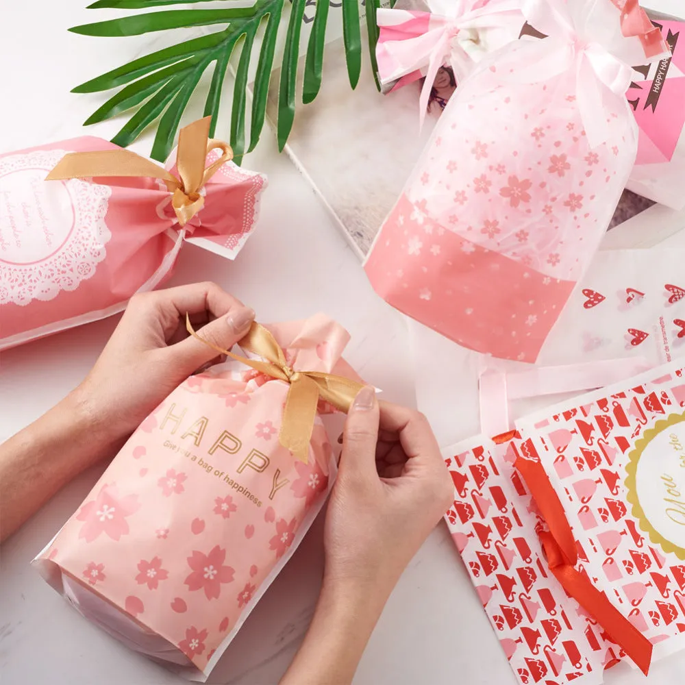 1 Set Magibeads 50Pcs 10 Style Plastic Baking Bags, Drawstring Bags, for Christmas Wedding Party Birthday Engagement Holiday Favor, Rectangle with Pattern, Mixed Patterns, 22.3x15.1cm, 5pcs/style
