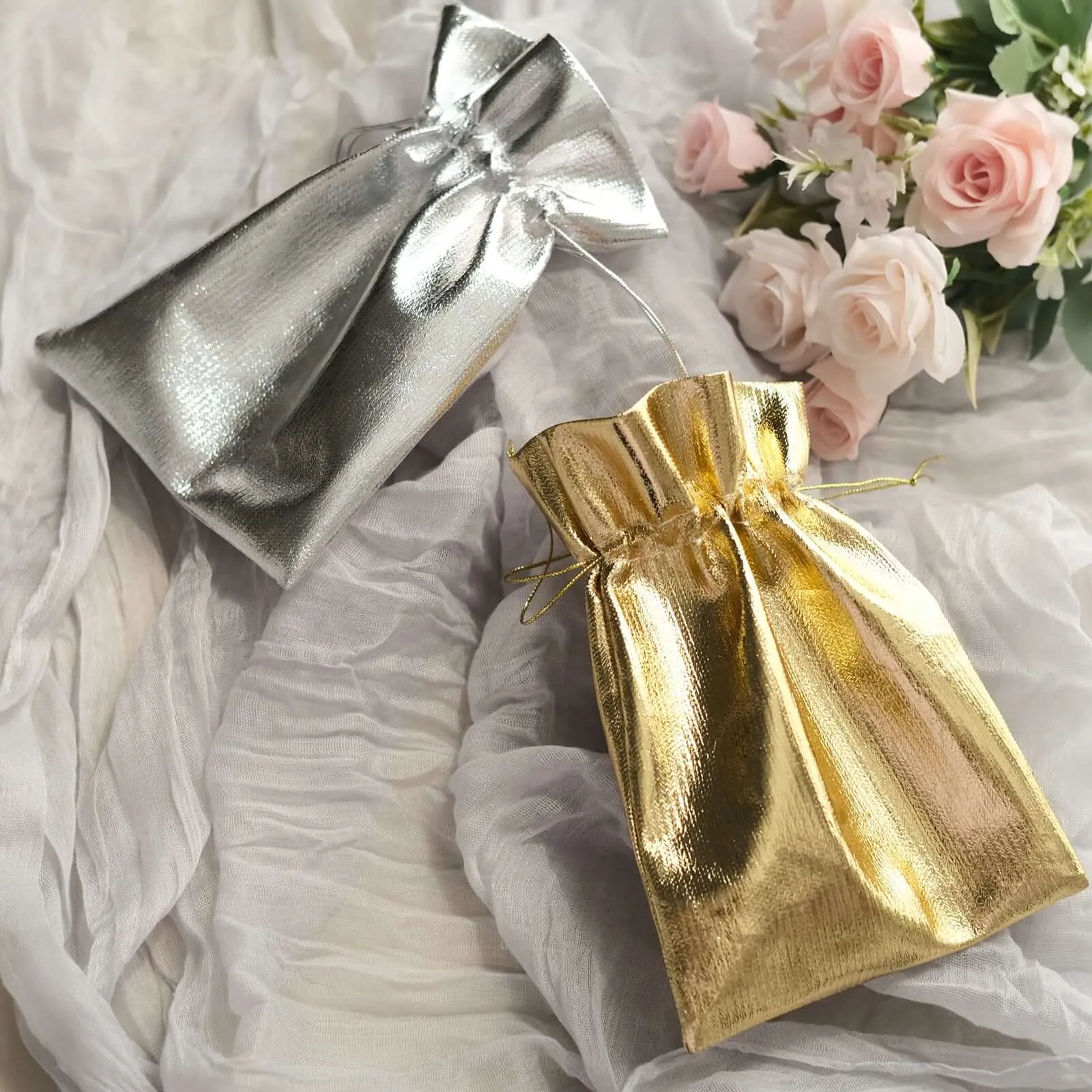 10 Pack Metallic Gold Lame Polyester Party Favor Gift Bags, Shiny Fabric Drawstring Candy Pouch 5"x7"