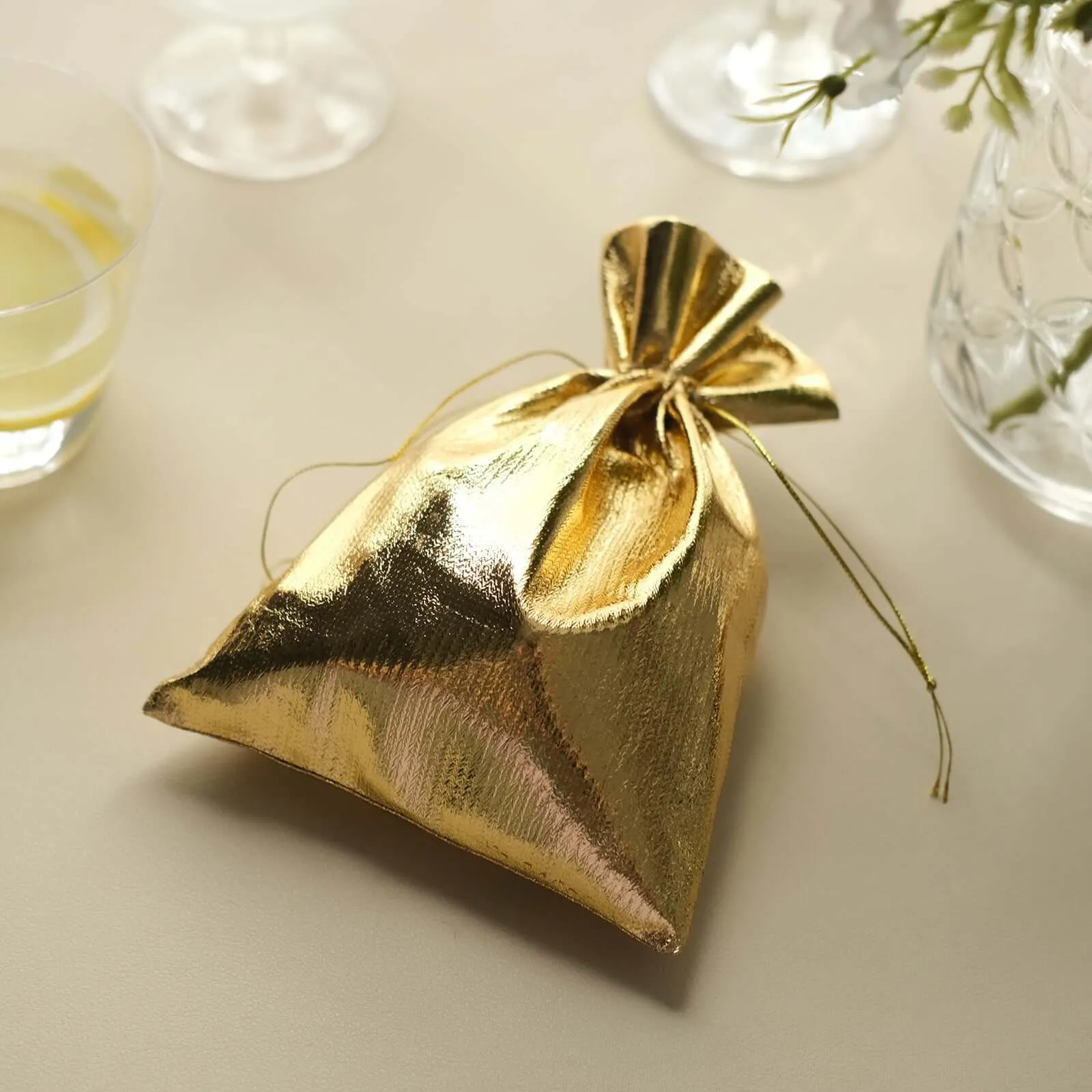 10 Pack Metallic Gold Lame Polyester Party Favor Gift Bags, Shiny Fabric Drawstring Candy Pouch 5"x7"