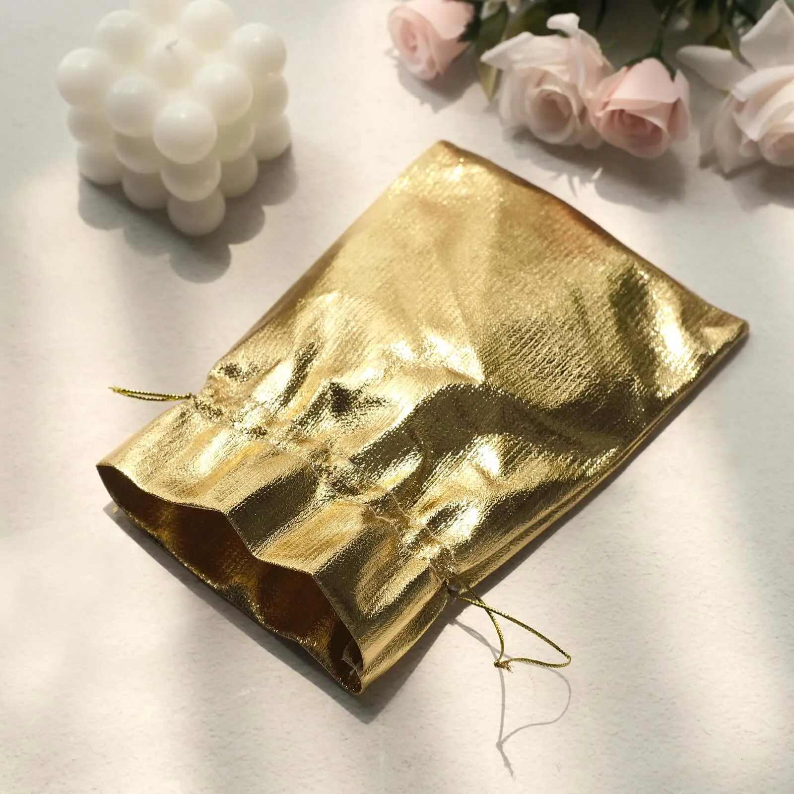 10 Pack Metallic Gold Lame Polyester Party Favor Gift Bags, Shiny Fabric Drawstring Candy Pouch 5"x7"