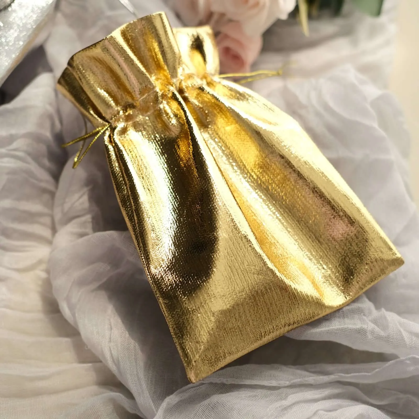 10 Pack Metallic Gold Lame Polyester Party Favor Gift Bags, Shiny Fabric Drawstring Candy Pouch 5"x7"