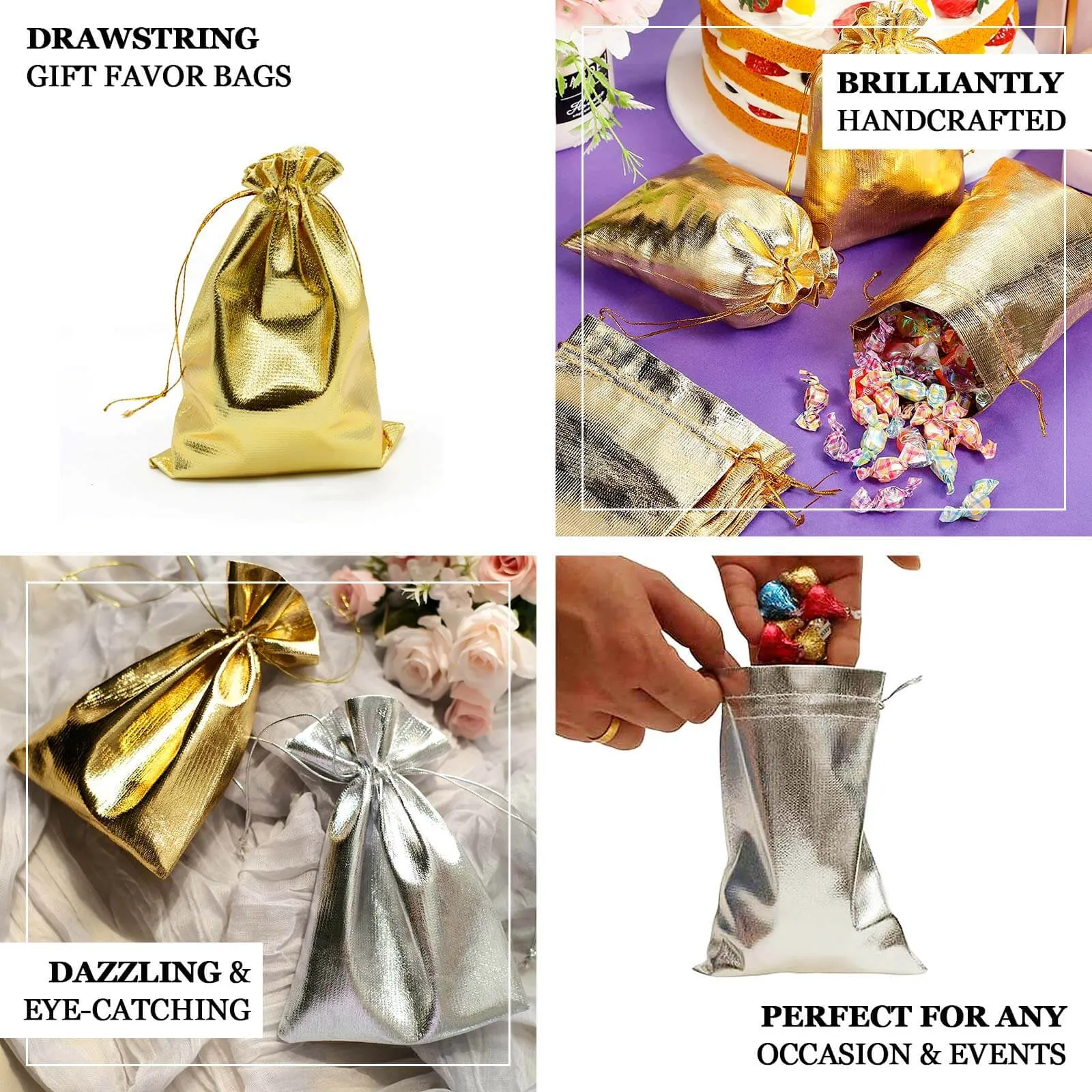 10 Pack Metallic Gold Lame Polyester Party Favor Gift Bags, Shiny Fabric Drawstring Candy Pouch 5"x7"