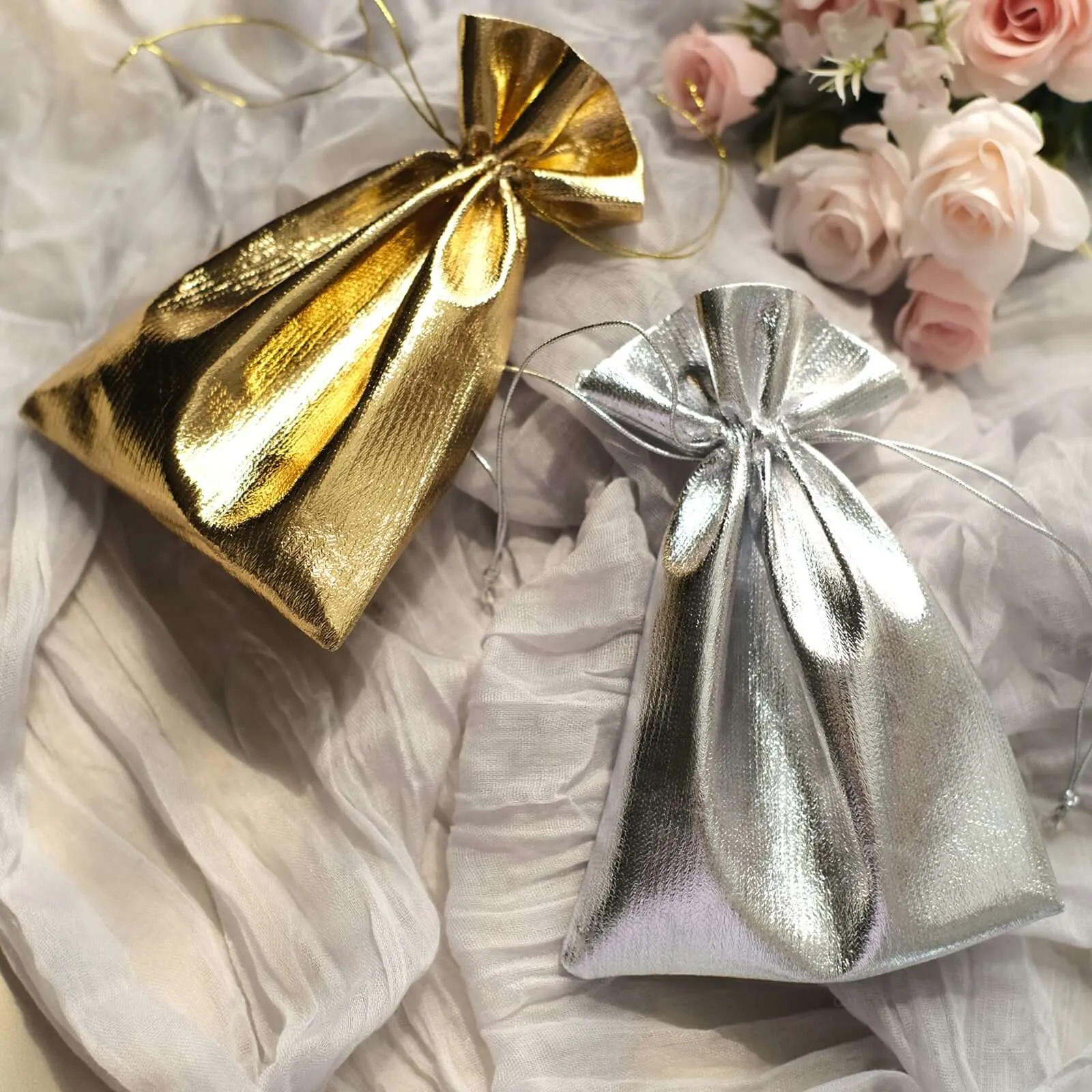 10 Pack Metallic Gold Lame Polyester Party Favor Gift Bags, Shiny Fabric Drawstring Candy Pouch 5"x7"