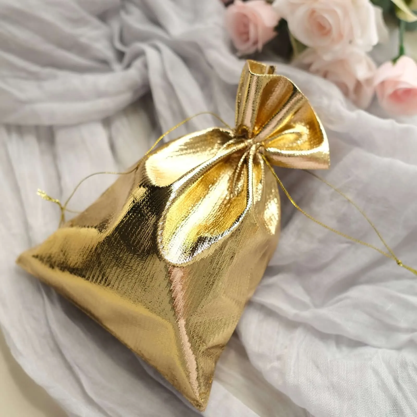 10 Pack Metallic Gold Lame Polyester Party Favor Gift Bags, Shiny Fabric Drawstring Candy Pouch 5"x7"