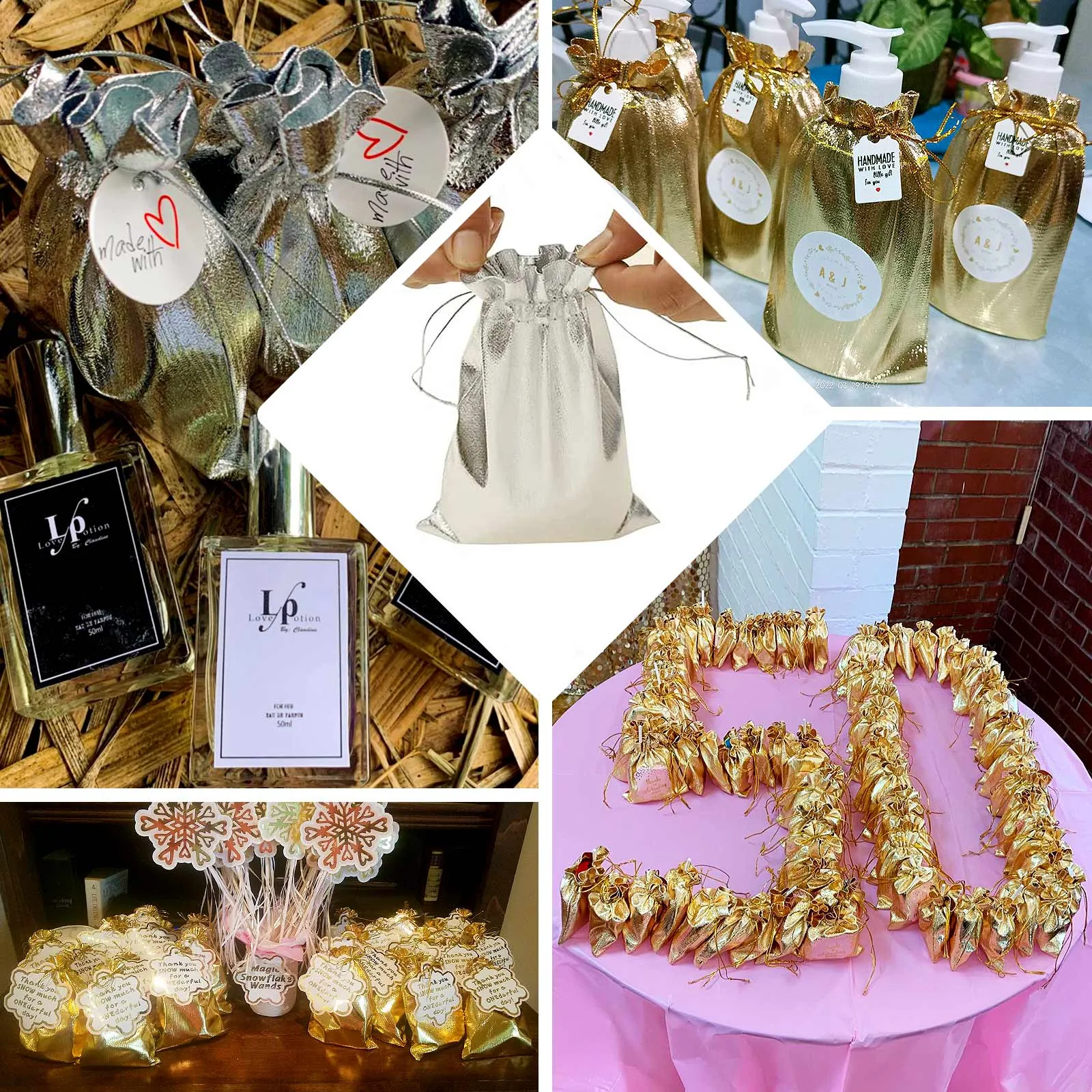10 Pack Metallic Gold Lame Polyester Party Favor Gift Bags, Shiny Fabric Drawstring Candy Pouch 5"x7"