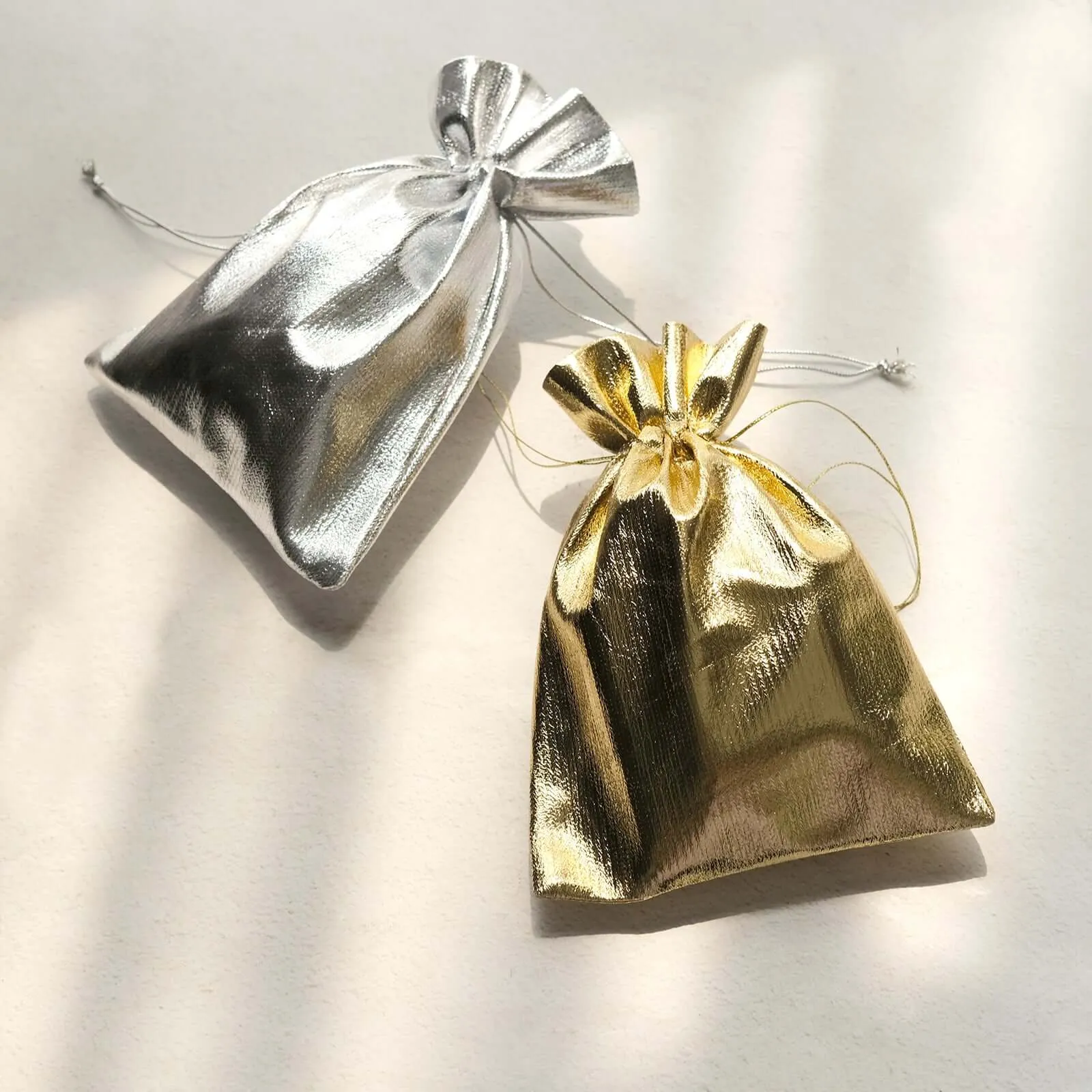 10 Pack Metallic Gold Lame Polyester Party Favor Gift Bags, Shiny Fabric Drawstring Candy Pouch 5"x7"
