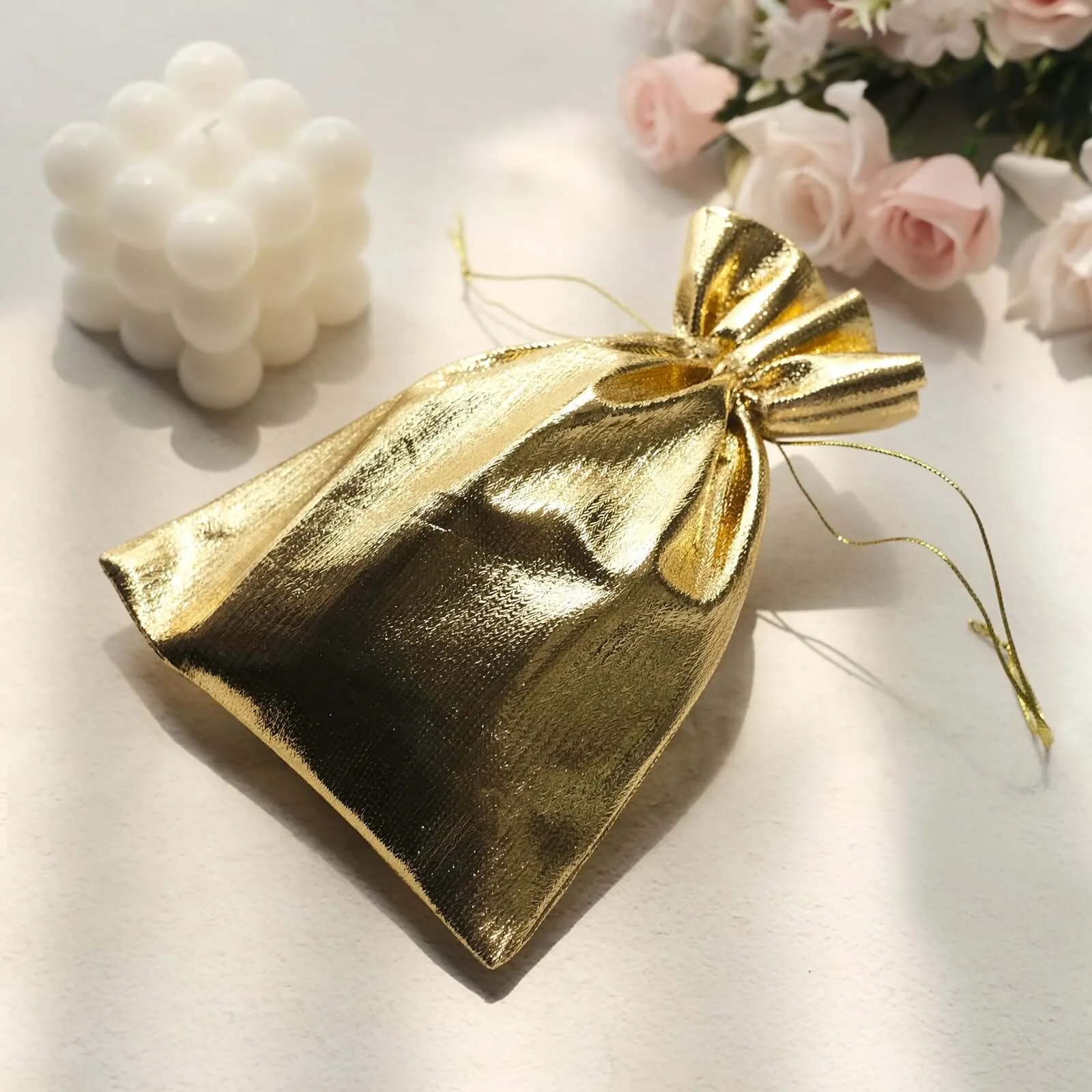 10 Pack Metallic Gold Lame Polyester Party Favor Gift Bags, Shiny Fabric Drawstring Candy Pouch 5"x7"