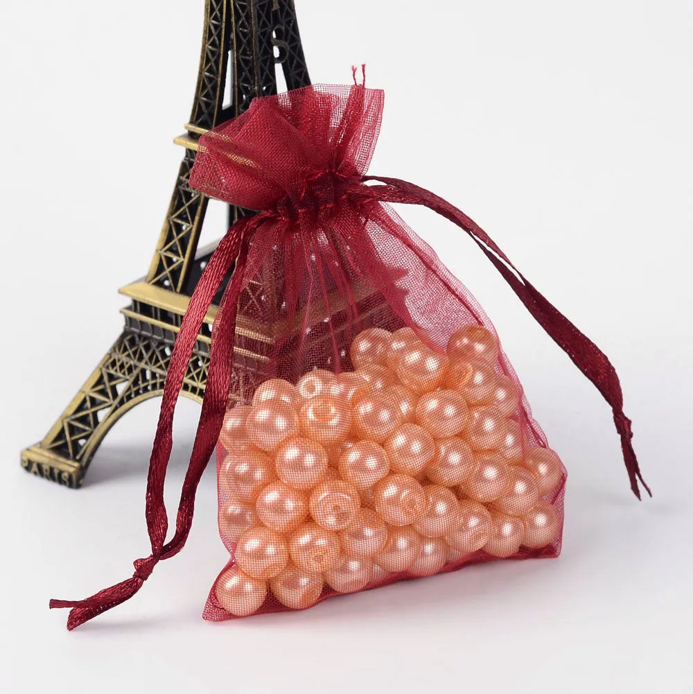 100 pc Organza Gift Bags with Drawstring, Jewelry Pouches, Wedding Party Christmas Favor Gift Bags, Red, 9x7cm
