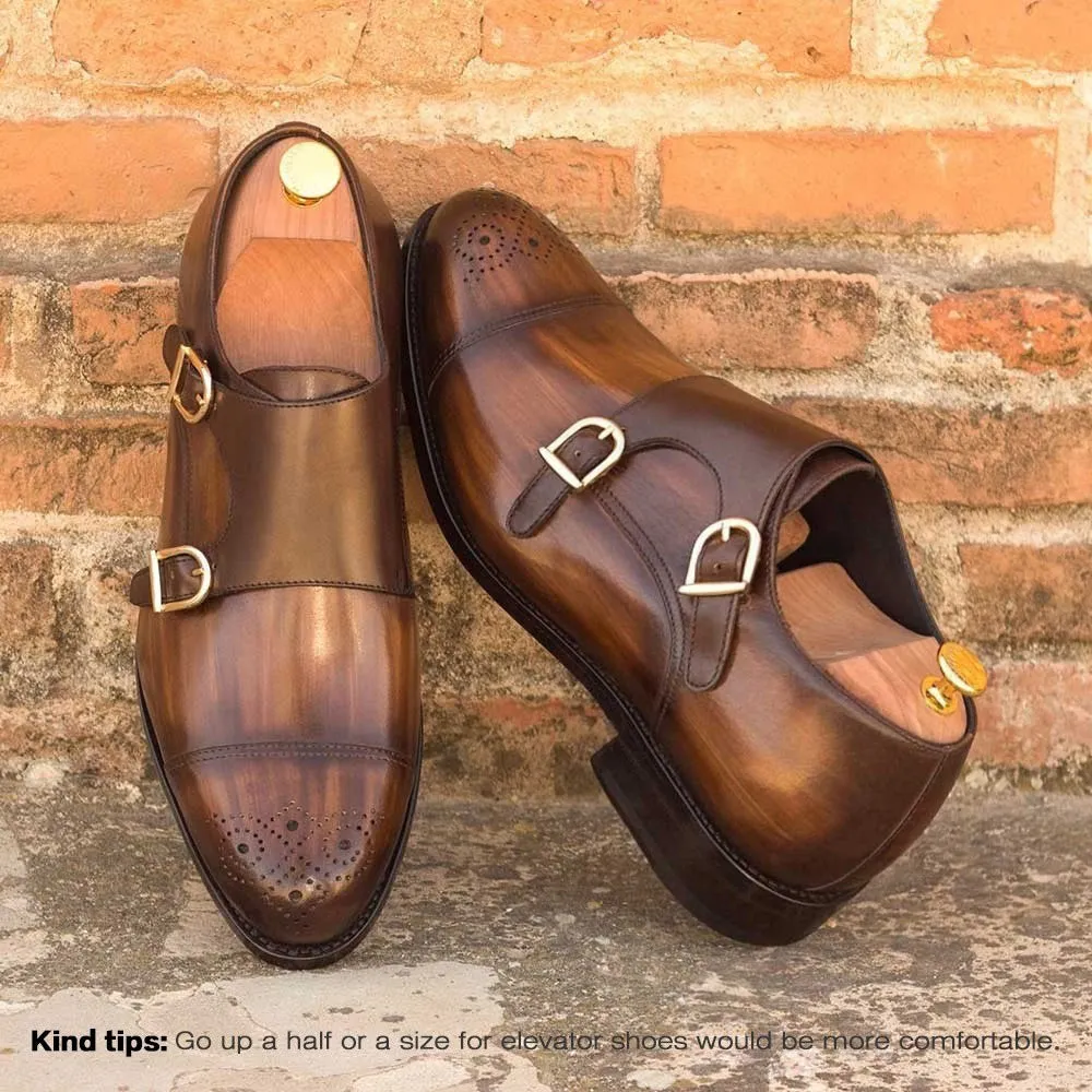 7CM/2.76 Inches - CMR CHAMARIPA Height Increasing Elevator Monk Shoes For Men Brown Leather Dress Shoes