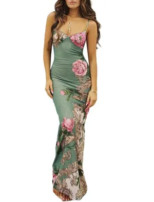 ABINGOO Women Vintage Spaghetti Strap Maxi Dress Sexy Low Cut Backless Floral Satin Slip Long Dress Y2k Cami Bodycon Dresses 8-Green Floral S