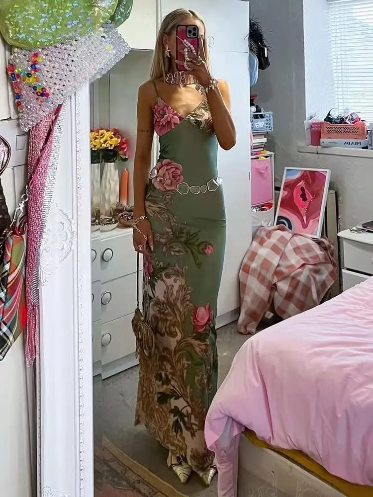 ABINGOO Women Vintage Spaghetti Strap Maxi Dress Sexy Low Cut Backless Floral Satin Slip Long Dress Y2k Cami Bodycon Dresses 8-Green Floral S