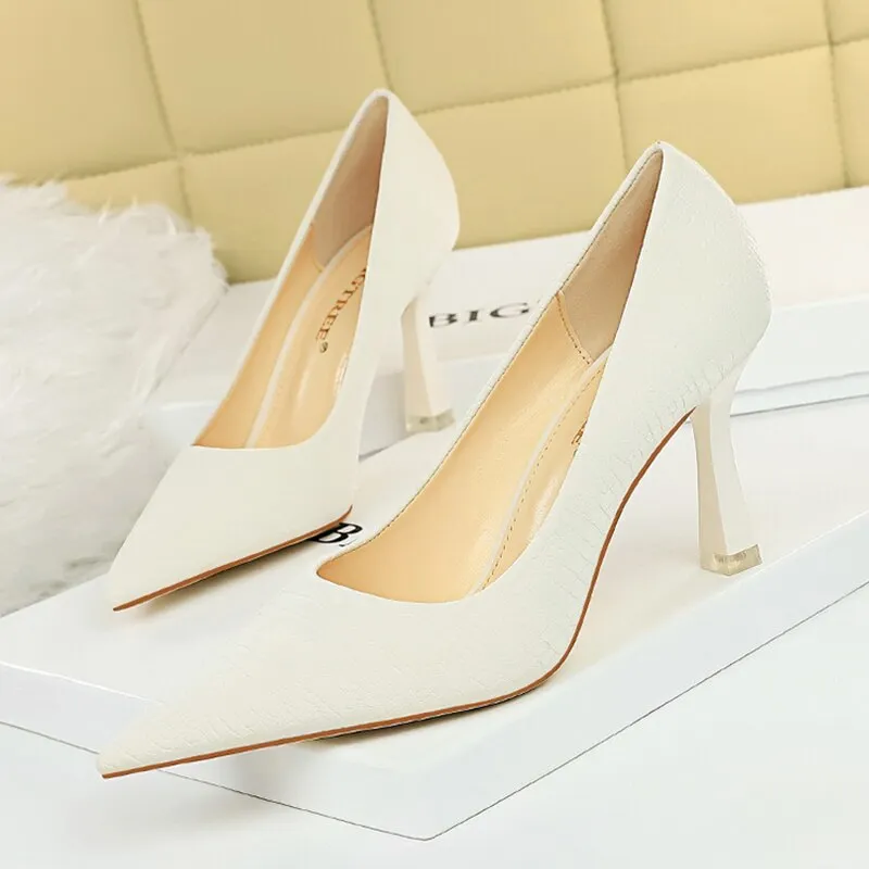 Amozae-   Autumn Elegant Women Apricot Leather Pumps Yellow Pointed Toe Pumps White Thin High Heels Pumps Ladies Paty Plus Size Shoes