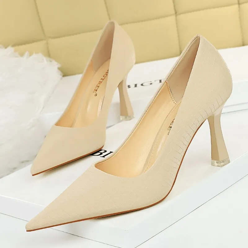 Amozae-   Autumn Elegant Women Apricot Leather Pumps Yellow Pointed Toe Pumps White Thin High Heels Pumps Ladies Paty Plus Size Shoes