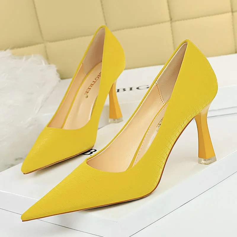 Amozae-   Autumn Elegant Women Apricot Leather Pumps Yellow Pointed Toe Pumps White Thin High Heels Pumps Ladies Paty Plus Size Shoes