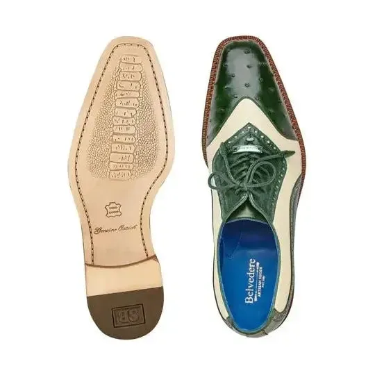 Belvedere Ostrich Quill Italian Leather Wingtip Shoes Sesto R54 Forest/Cream