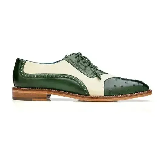 Belvedere Ostrich Quill Italian Leather Wingtip Shoes Sesto R54 Forest/Cream