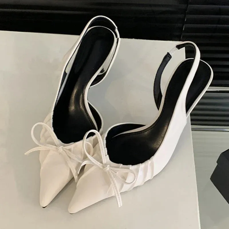binfenxie  -  Sexy Butterfly Knot Pointed Toe Slingback Shoe Women Pumps Elegant Low Thin Heels Wedding Party Mules Sandal Zapatos mujer