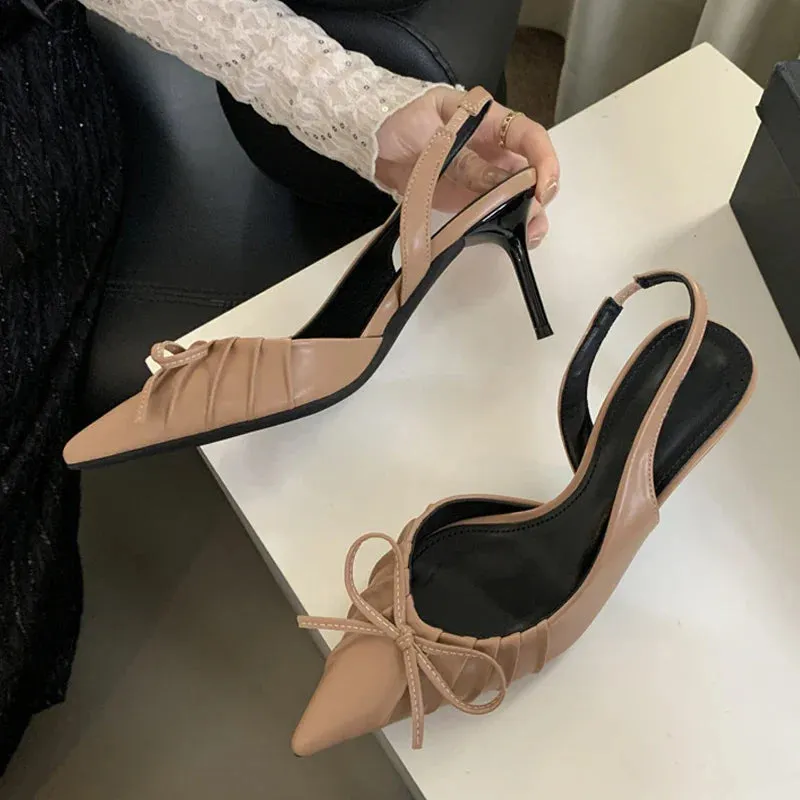 binfenxie  -  Sexy Butterfly Knot Pointed Toe Slingback Shoe Women Pumps Elegant Low Thin Heels Wedding Party Mules Sandal Zapatos mujer