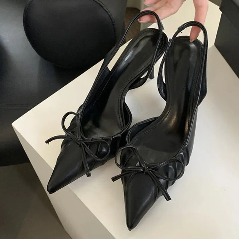 binfenxie  -  Sexy Butterfly Knot Pointed Toe Slingback Shoe Women Pumps Elegant Low Thin Heels Wedding Party Mules Sandal Zapatos mujer