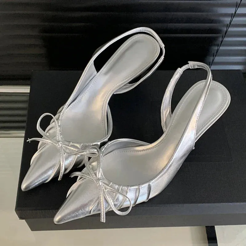 binfenxie  -  Sexy Butterfly Knot Pointed Toe Slingback Shoe Women Pumps Elegant Low Thin Heels Wedding Party Mules Sandal Zapatos mujer