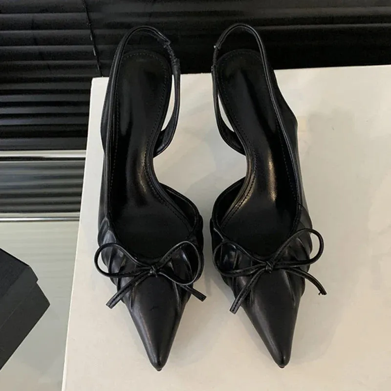 binfenxie  -  Sexy Butterfly Knot Pointed Toe Slingback Shoe Women Pumps Elegant Low Thin Heels Wedding Party Mules Sandal Zapatos mujer