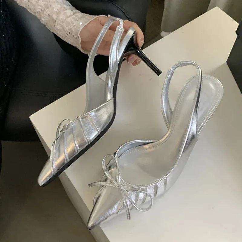 binfenxie  -  Sexy Butterfly Knot Pointed Toe Slingback Shoe Women Pumps Elegant Low Thin Heels Wedding Party Mules Sandal Zapatos mujer