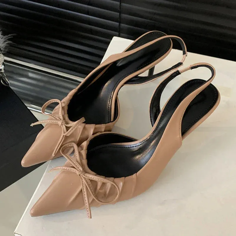 binfenxie  -  Sexy Butterfly Knot Pointed Toe Slingback Shoe Women Pumps Elegant Low Thin Heels Wedding Party Mules Sandal Zapatos mujer