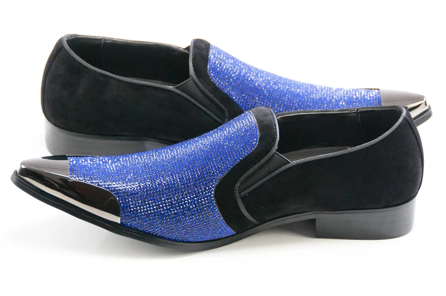 Black Velvet & Blue Rhinestone Smoking Loafers With Metal Tip