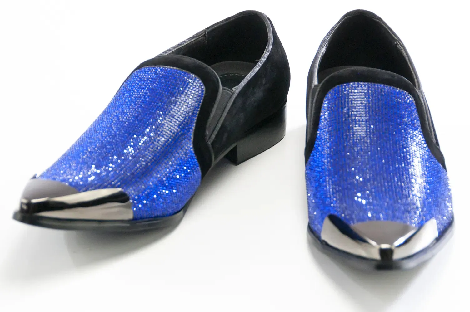 Black Velvet & Blue Rhinestone Smoking Loafers With Metal Tip