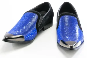 Black Velvet & Blue Rhinestone Smoking Loafers With Metal Tip
