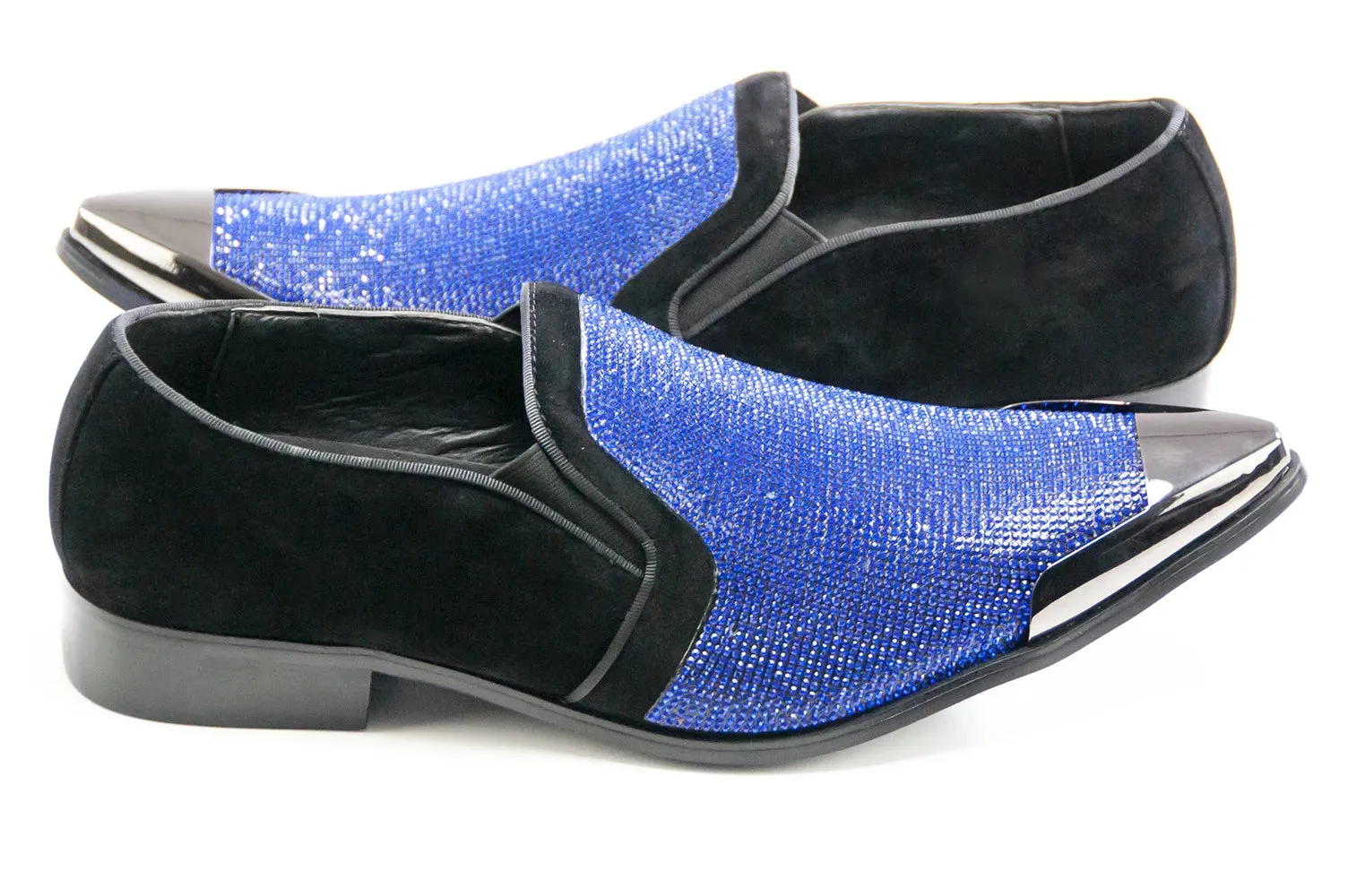 Black Velvet & Blue Rhinestone Smoking Loafers With Metal Tip