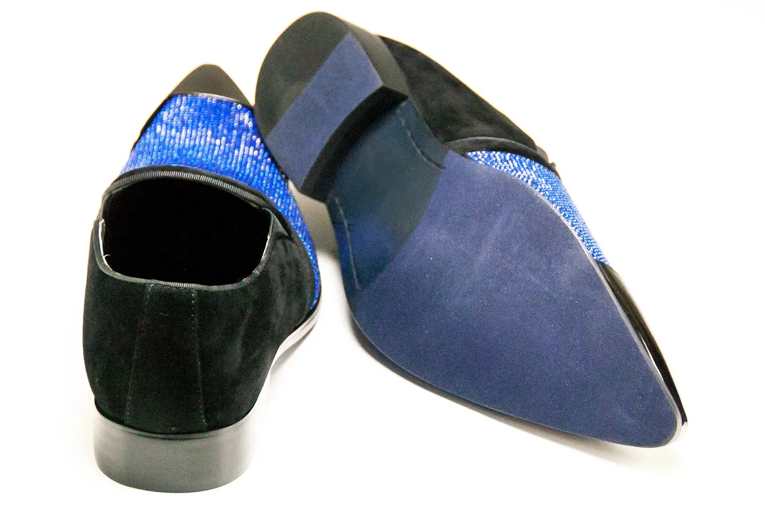 Black Velvet & Blue Rhinestone Smoking Loafers With Metal Tip