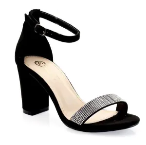 Black Women Rhinestone Ankle Strap Block Heel Sandals