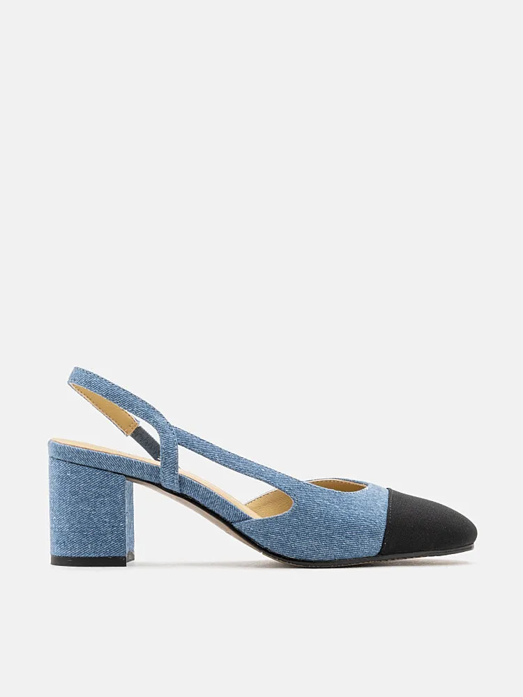 Blythe Denim Lambskin Toe Cap Block Heels