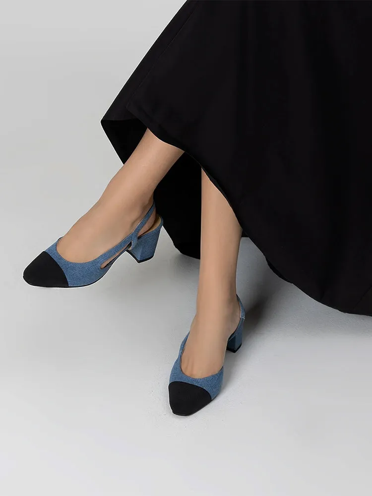 Blythe Denim Lambskin Toe Cap Block Heels