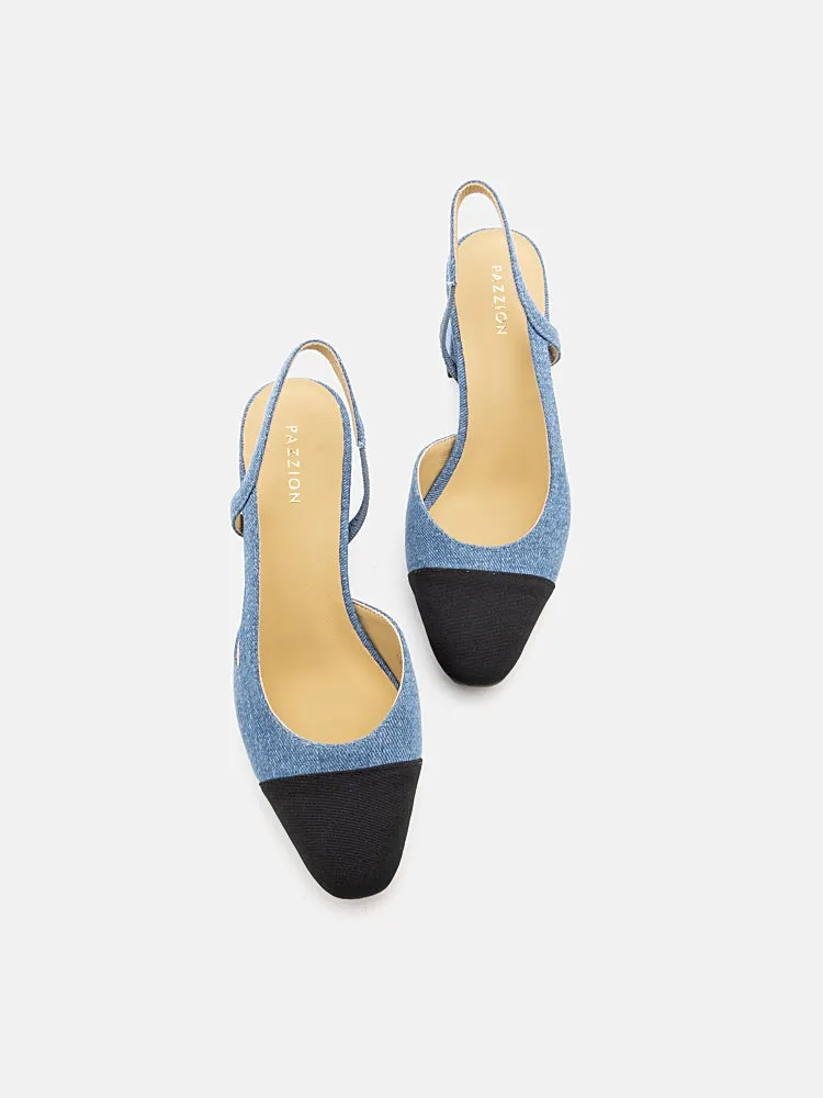 Blythe Denim Lambskin Toe Cap Block Heels