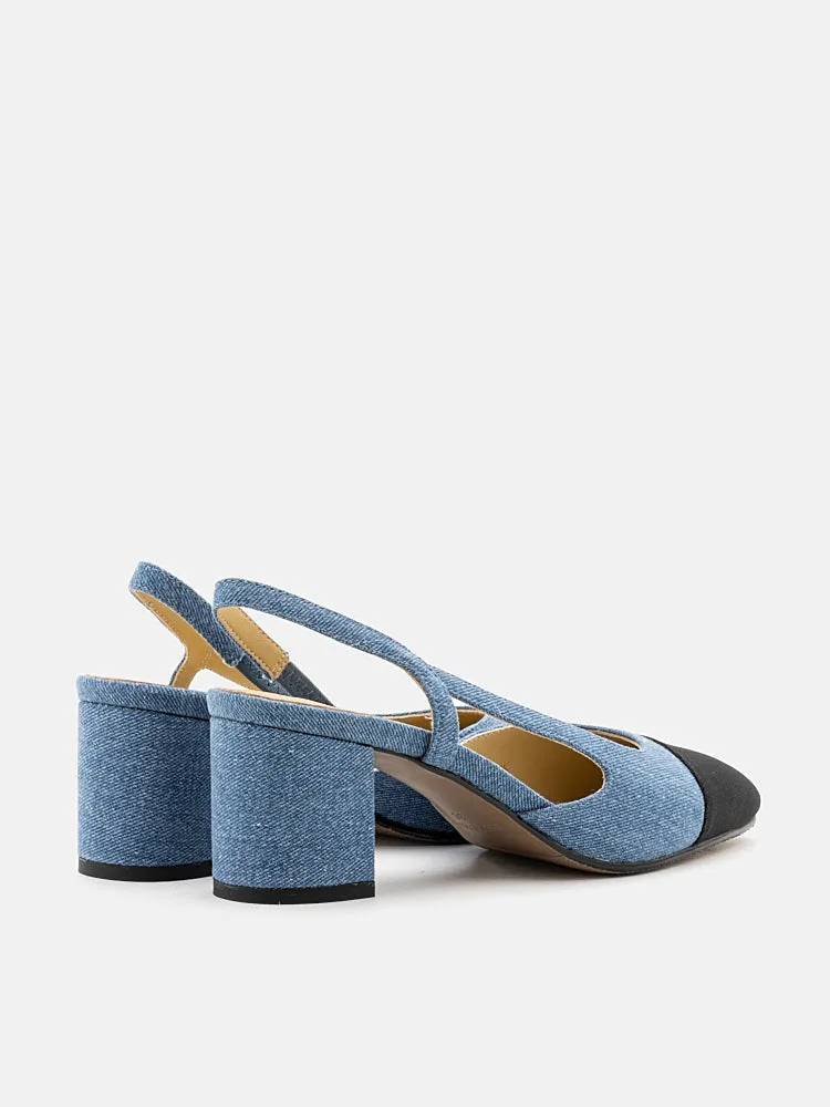 Blythe Denim Lambskin Toe Cap Block Heels