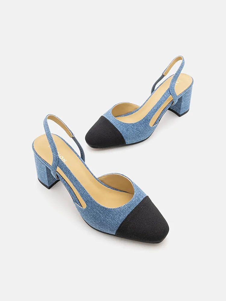 Blythe Denim Lambskin Toe Cap Block Heels