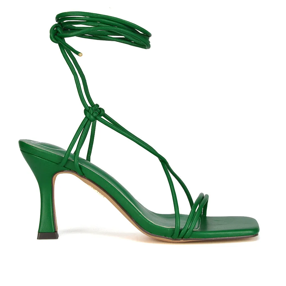 Callie Lace Up Square Toe Mid High Heel Sandals in Orange Synthetic Leather