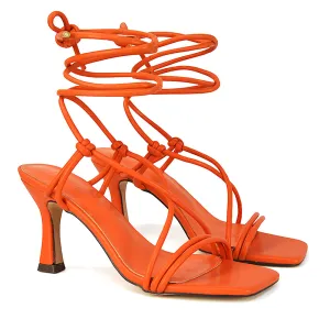 Callie Lace Up Square Toe Mid High Heel Sandals in Orange Synthetic Leather