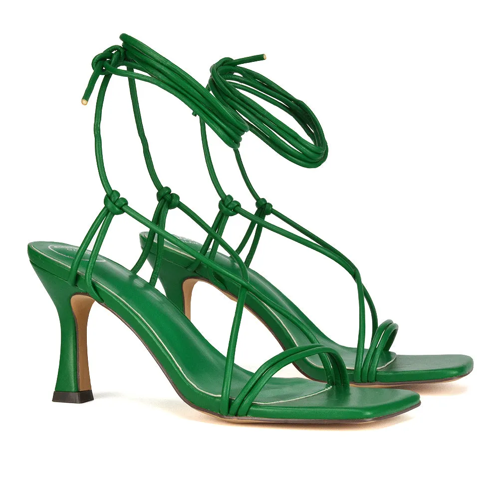 Callie Lace Up Square Toe Mid High Heel Sandals in Orange Synthetic Leather