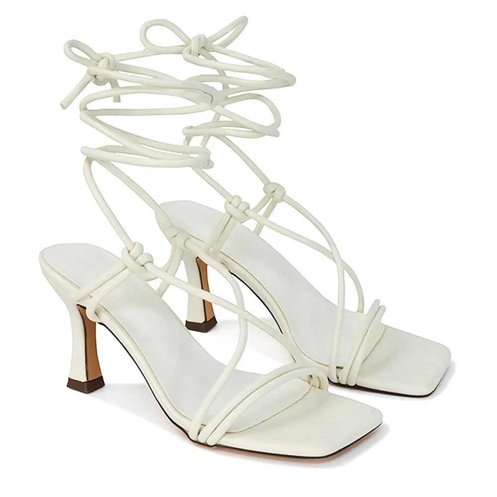 Callie Lace Up Square Toe Mid High Heel Sandals in Orange Synthetic Leather
