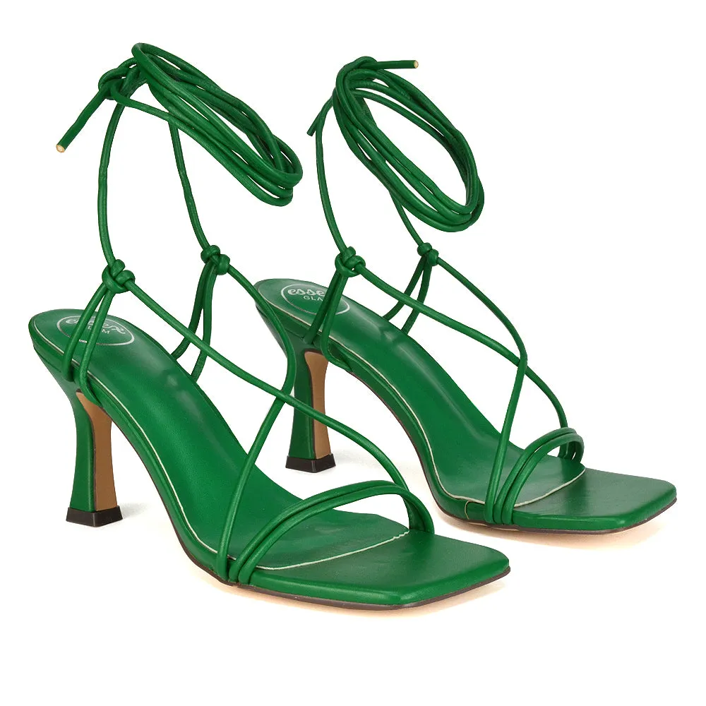 Callie Lace Up Square Toe Mid High Heel Sandals in Orange Synthetic Leather