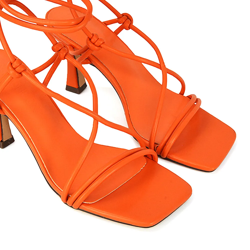 Callie Lace Up Square Toe Mid High Heel Sandals in Orange Synthetic Leather