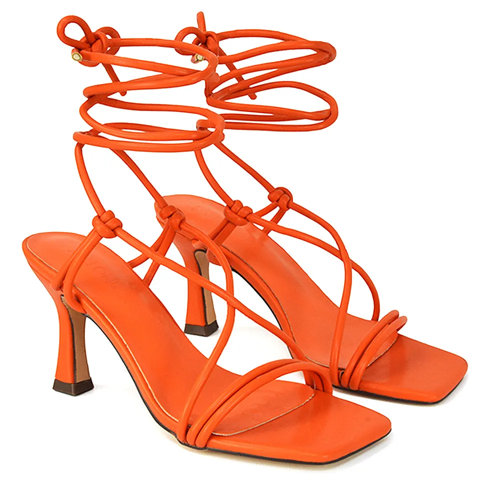 Callie Lace Up Square Toe Mid High Heel Sandals in Orange Synthetic Leather