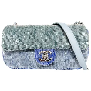 CC Flap Waterfall Sequin Blue Double Chain Shoulder Bag