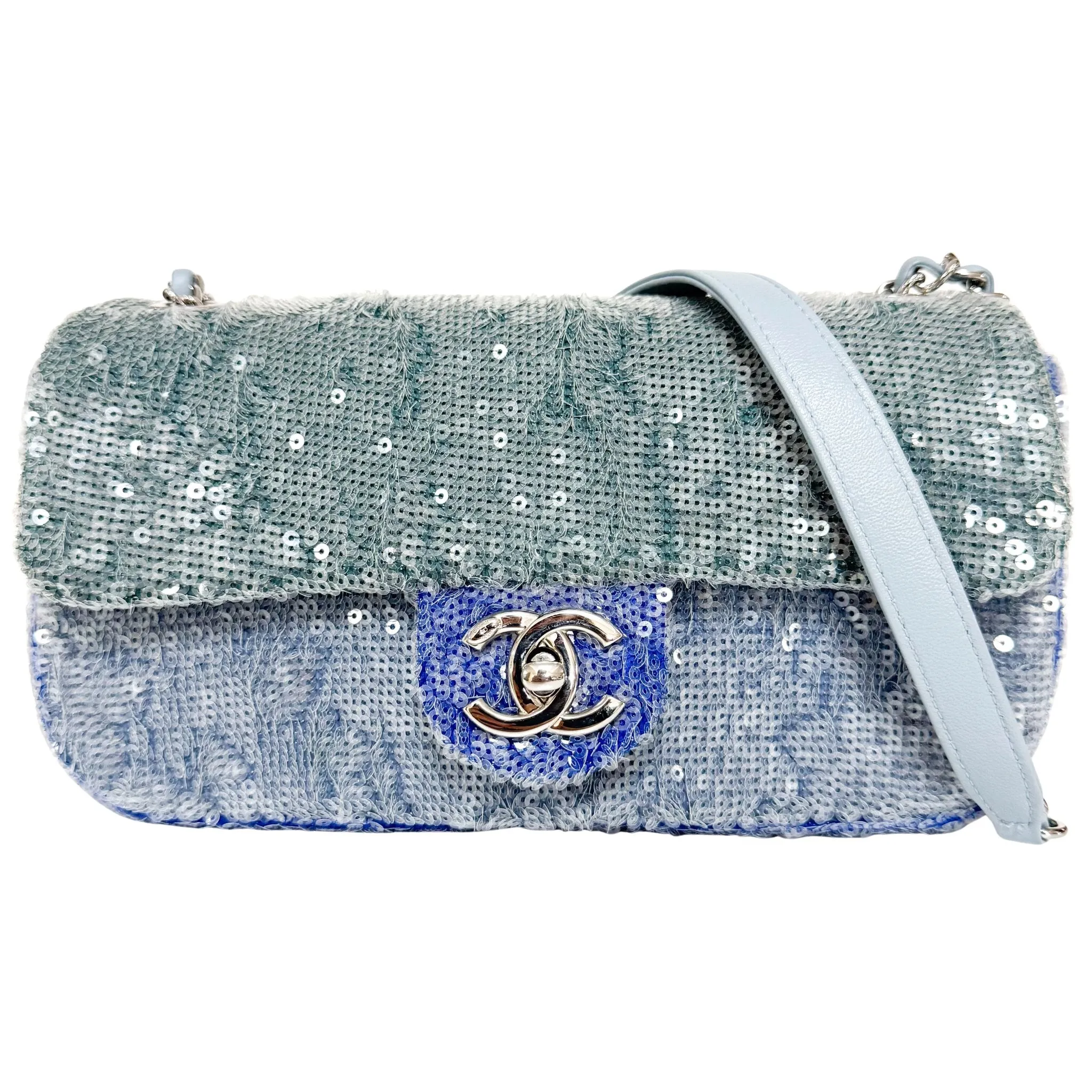 CC Flap Waterfall Sequin Blue Double Chain Shoulder Bag