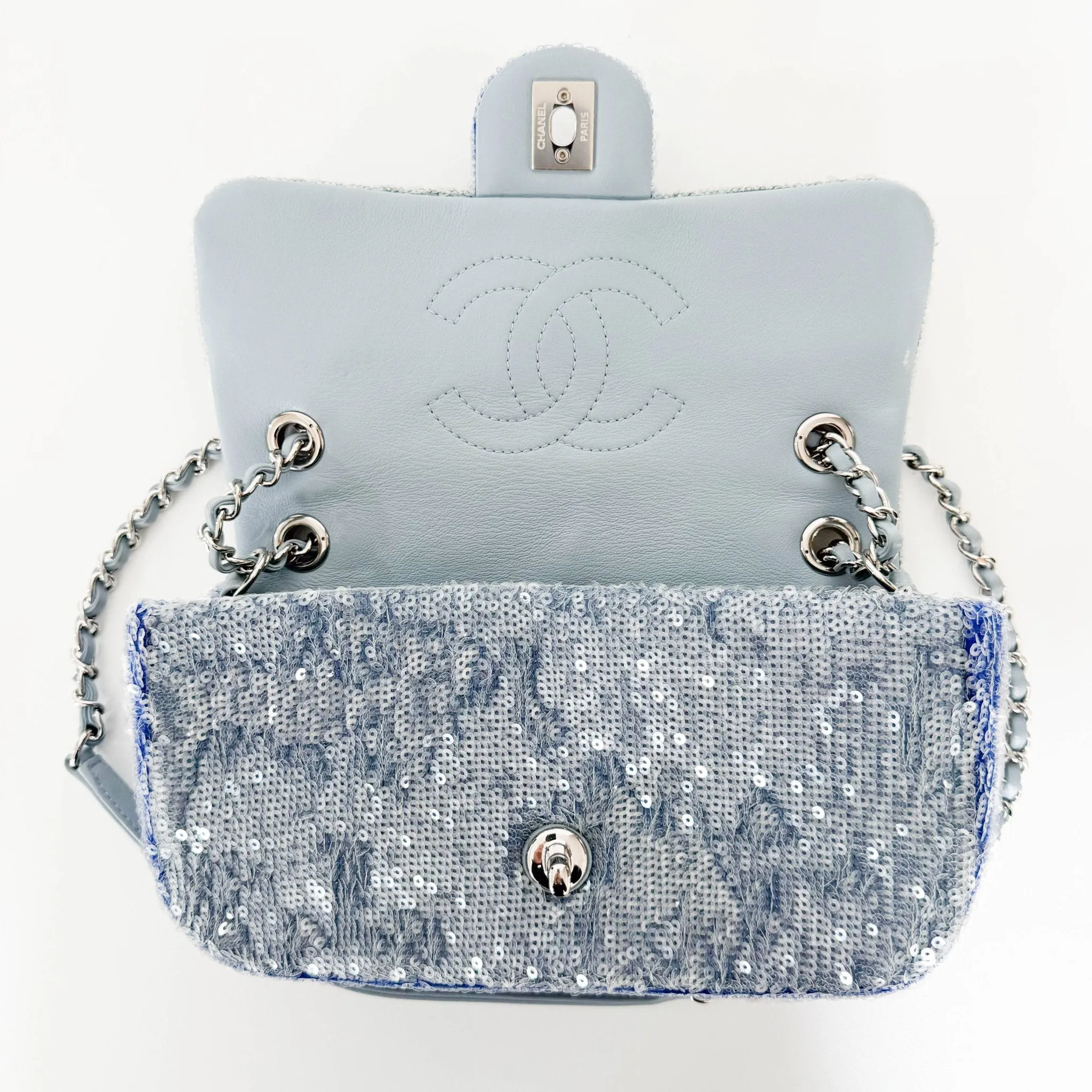 CC Flap Waterfall Sequin Blue Double Chain Shoulder Bag